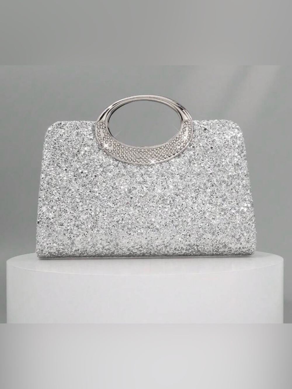 NEW! Beautiful Silver Sparkling Circle-Handle Clutch Bag